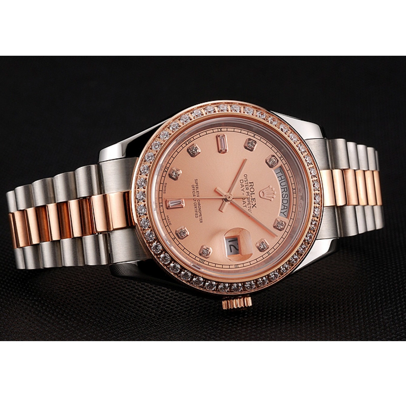 Aaa replica watch Diamonds Gold Staineless Bracelet Bezel Rolex Day-Date And Steel Rose 1454107 Swiss 0814